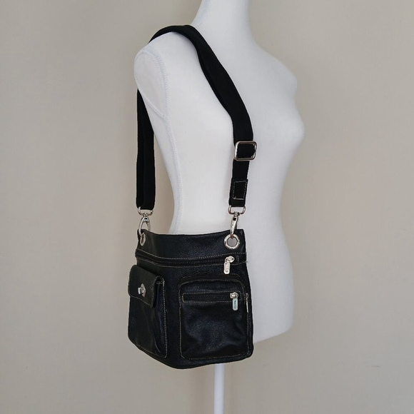 Roots Handbags - Roots Village Black Pebbled Leather Y2K Messenger Crossbody Bag Fabric Strap